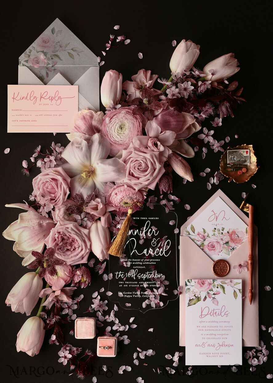WEDDING INVITATIONS Modern Invites Floral Cards Luxury Acrylic Plexi Wedding Invitations With Gold Tassel, Modern Floral Wedding Invites, Minimalistic Wedding Invitation Suite, Elegant And Handmade Wedding Cards