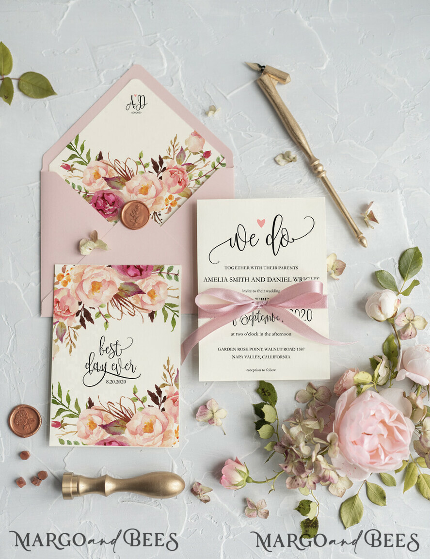WEDDING INVITATIONS Modern Invites Floral Cards Blush pink wedding invitations, floral wedding invitations, floral wedding stationery, floral wedding accessories, blush pink envelope, pink ribbon, pink bow, calligraphy, we do wedding cards, ecru wedding invitations, peony wedding invitations, ecru wedding stationery, peonies, spring flowers, spring wedding invitations, leaves, modern wedding invitations, spring wedding, romantic wedding invitations, watercolor wedding invitations, watercolor