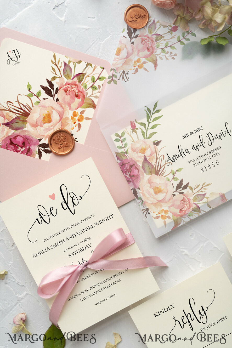 WEDDING INVITATIONS Modern Invites Floral Cards Blush pink wedding invitations, floral wedding invitations, floral wedding stationery, floral wedding accessories, blush pink envelope, pink ribbon, pink bow, calligraphy, we do wedding cards, ecru wedding invitations, peony wedding invitations, ecru wedding stationery, peonies, spring flowers, spring wedding invitations, leaves, modern wedding invitations, spring wedding, romantic wedding invitations, watercolor wedding invitations, watercolor