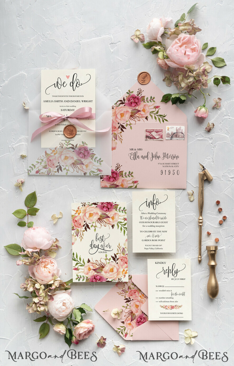 WEDDING INVITATIONS Modern Invites Floral Cards Blush pink wedding invitations, floral wedding invitations, floral wedding stationery, floral wedding accessories, blush pink envelope, pink ribbon, pink bow, calligraphy, we do wedding cards, ecru wedding invitations, peony wedding invitations, ecru wedding stationery, peonies, spring flowers, spring wedding invitations, leaves, modern wedding invitations, spring wedding, romantic wedding invitations, watercolor wedding invitations, watercolor