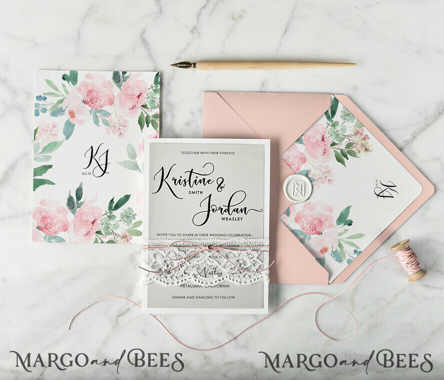 WEDDING INVITATIONS Modern Invites Floral Cards Boho Wedding Invitations Peach Cheap Stationery Twine and Lace
