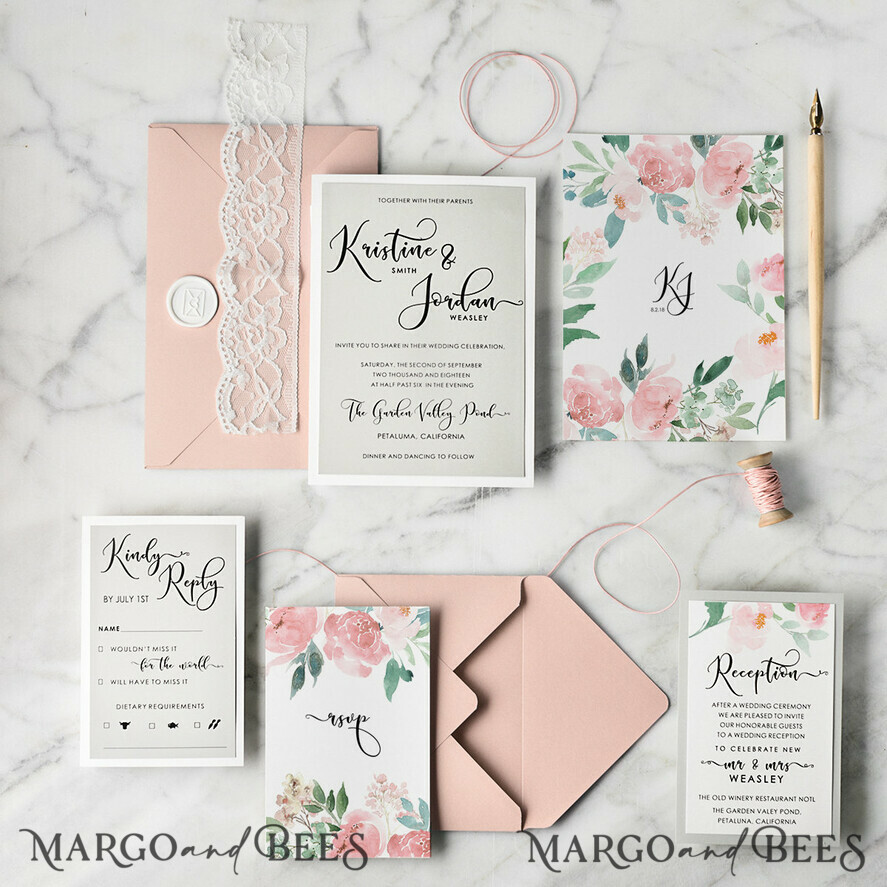 WEDDING INVITATIONS Modern Invites Floral Cards Boho Wedding Invitations Peach Cheap Stationery Twine and Lace
