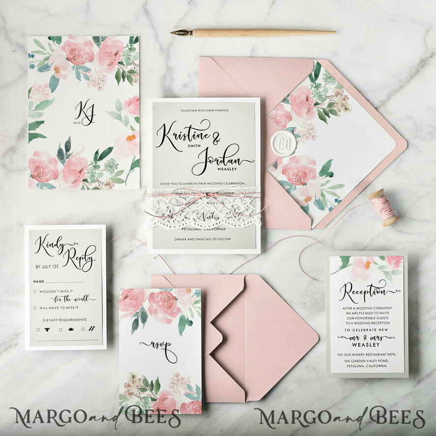WEDDING INVITATIONS Modern Invites Floral Cards Boho Wedding Invitations Peach Cheap Stationery Twine and Lace