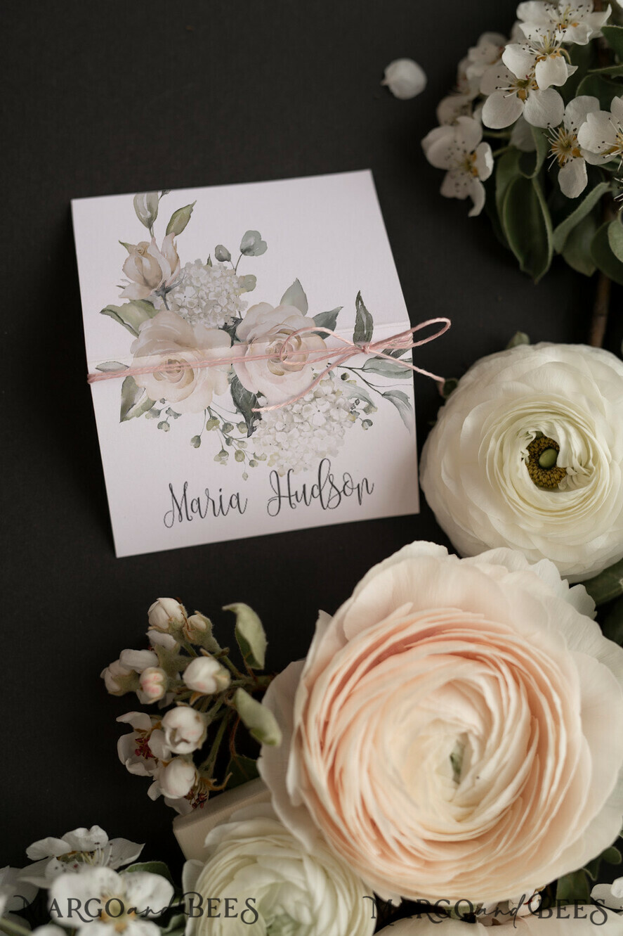 PLACE CARDS / TABLE CARDS Romantic Boho/ Botanical/ Floral White Rose Romantic Wedding Place Cards with Light Pink Twine, Elegant Wedding Name Tags, Rose Table Place Cards for Your Wedding, Boho Place Cards, custom text