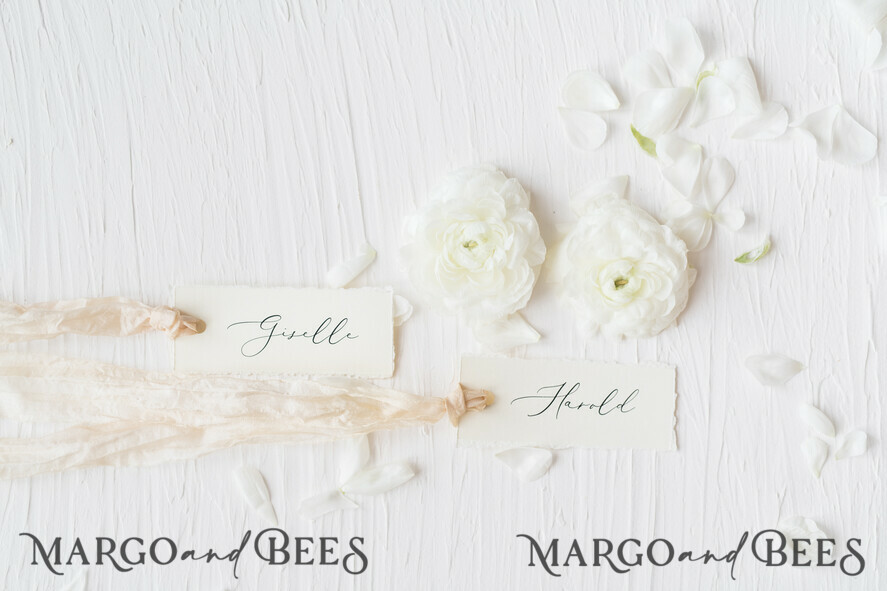 PLACE CARDS / TABLE CARDS Romantic Boho/ Botanical/ Floral Romantic Deckle-Edge Ivory Wedding Place Cards with Silk Ribbon, Elegant Wedding Table Place Cards, Minimalistic Name Tags for Your Wedding Tables, Simple Cards