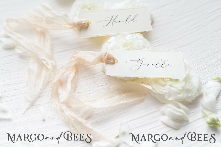 PLACE CARDS / TABLE CARDS Romantic Boho/ Botanical/ Floral Romantic Deckle-Edge Ivory Wedding Place Cards with Silk Ribbon, Elegant Wedding Table Place Cards, Minimalistic Name Tags for Your Wedding Tables, Simple Cards