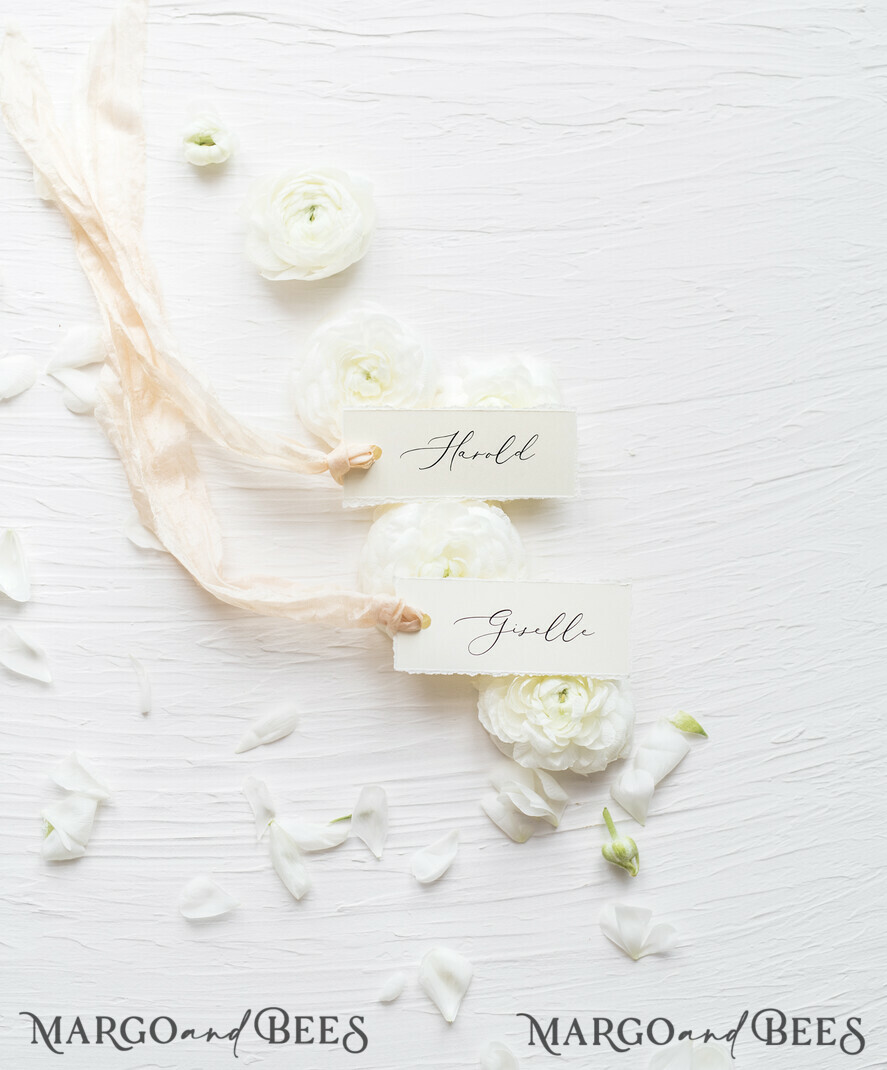 PLACE CARDS / TABLE CARDS Romantic Boho/ Botanical/ Floral Romantic Deckle-Edge Ivory Wedding Place Cards with Silk Ribbon, Elegant Wedding Table Place Cards, Minimalistic Name Tags for Your Wedding Tables, Simple Cards