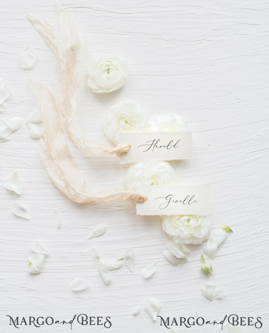 PLACE CARDS / TABLE CARDS Romantic Boho/ Botanical/ Floral Romantic Deckle-Edge Ivory Wedding Place Cards with Silk Ribbon, Elegant Wedding Table Place Cards, Minimalistic Name Tags for Your Wedding Tables, Simple Cards