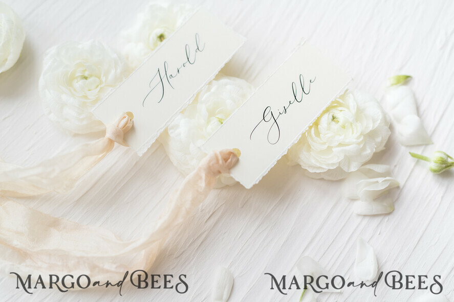 PLACE CARDS / TABLE CARDS Romantic Boho/ Botanical/ Floral Romantic Deckle-Edge Ivory Wedding Place Cards with Silk Ribbon, Elegant Wedding Table Place Cards, Minimalistic Name Tags for Your Wedding Tables, Simple Cards