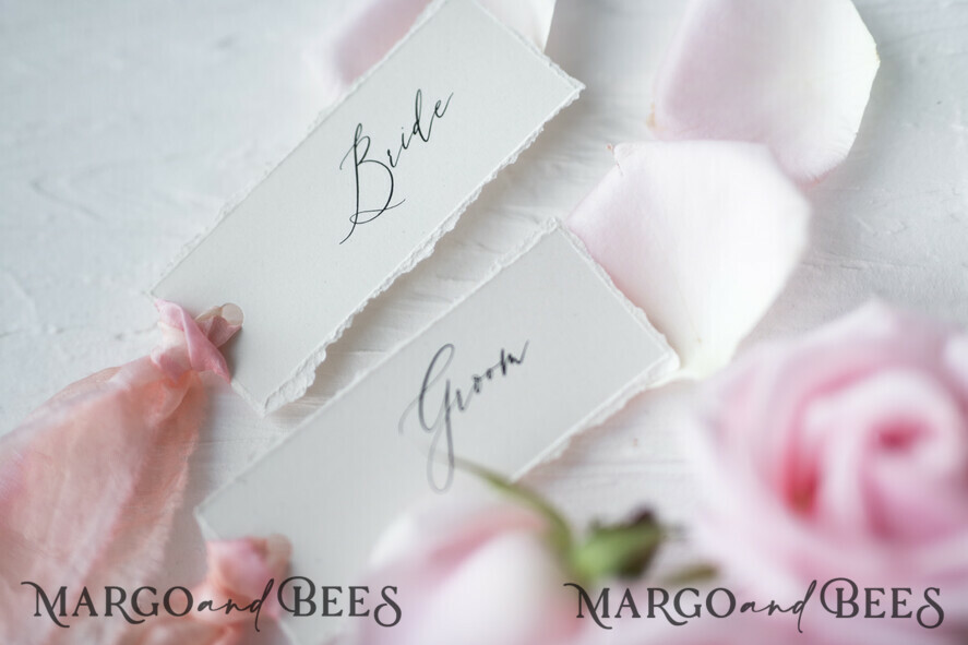 PLACE CARDS / TABLE CARDS Romantic Boho/ Botanical/ Floral White Deckle-Edge Wedding Place Cards with Dyed Silk Ribbon, Elegant Custom Wording Table Place Cards, Minimalistic Name Tags, Simple Modern Wedding Stationery