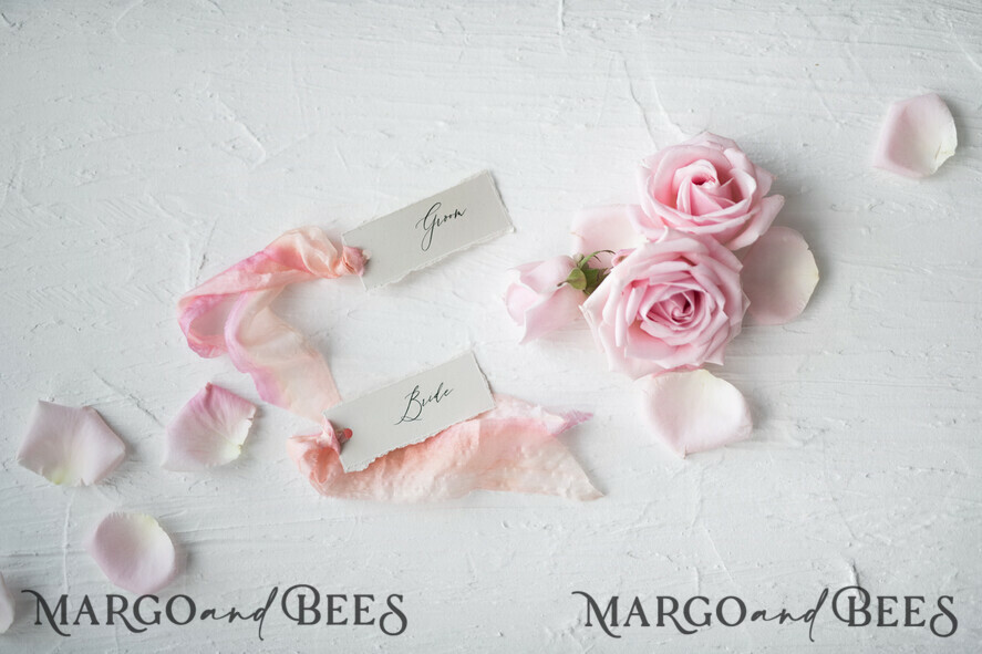 PLACE CARDS / TABLE CARDS Romantic Boho/ Botanical/ Floral White Deckle-Edge Wedding Place Cards with Dyed Silk Ribbon, Elegant Custom Wording Table Place Cards, Minimalistic Name Tags, Simple Modern Wedding Stationery