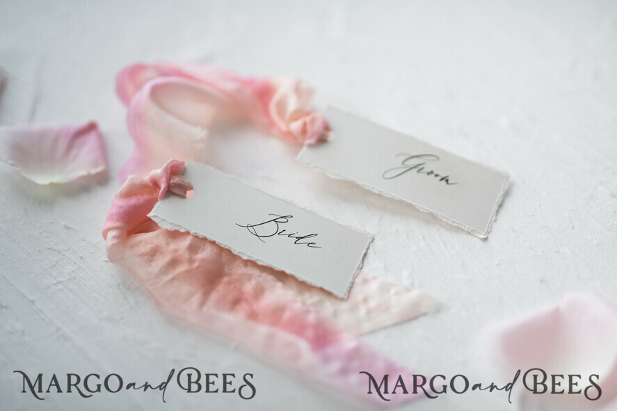 PLACE CARDS / TABLE CARDS Romantic Boho/ Botanical/ Floral White Deckle-Edge Wedding Place Cards with Dyed Silk Ribbon, Elegant Custom Wording Table Place Cards, Minimalistic Name Tags, Simple Modern Wedding Stationery