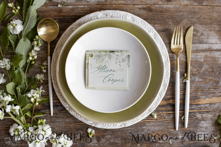 PLACE CARDS / TABLE CARDS Romantic Boho/ Botanical/ Floral Botanical Wedding Place Cards, Elegant Green Name Tags, Italian Style Seating Table Decor, Simple Romantic Vellum Place Card, Tuscany Name Tag, Editable Wording