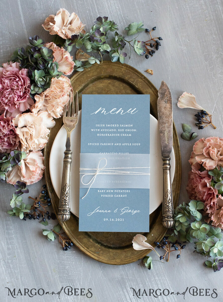 MENU & PROGRAMS romantic Wedding menu card program romantic dusty blue