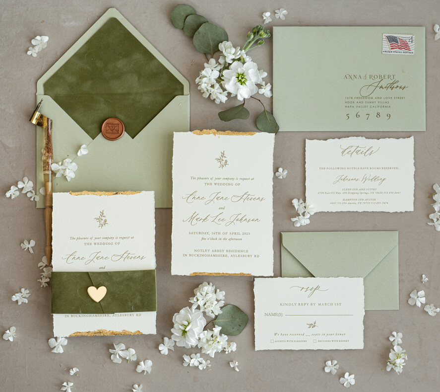 WEDDING INVITATIONS modern calligraphy / fine art Fine Art Gold & sage green Wedding Invitation, Velvet Golden Edges Wedding Invitations, Vintage Gold Invites suite, Torn Edges Wedding invitation with rsvp