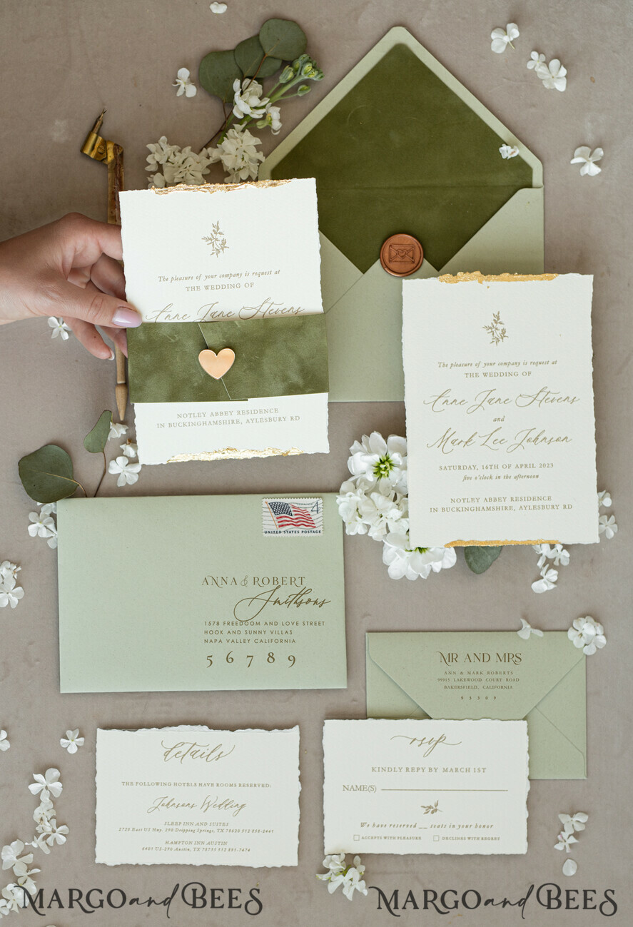 WEDDING INVITATIONS modern calligraphy / fine art Fine Art Gold & sage green Wedding Invitation, Velvet Golden Edges Wedding Invitations, Vintage Gold Invites suite, Torn Edges Wedding invitation with rsvp