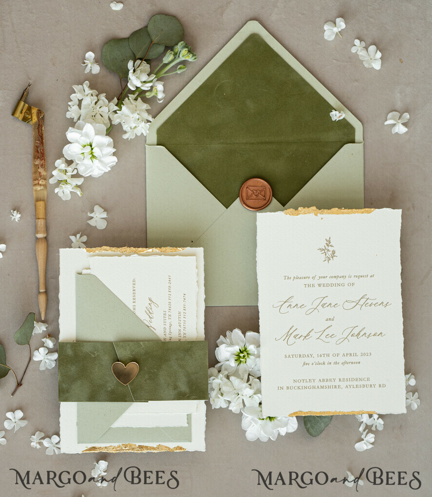 WEDDING INVITATIONS modern calligraphy / fine art Fine Art Gold & sage green Wedding Invitation, Velvet Golden Edges Wedding Invitations, Vintage Gold Invites suite, Torn Edges Wedding invitation with rsvp