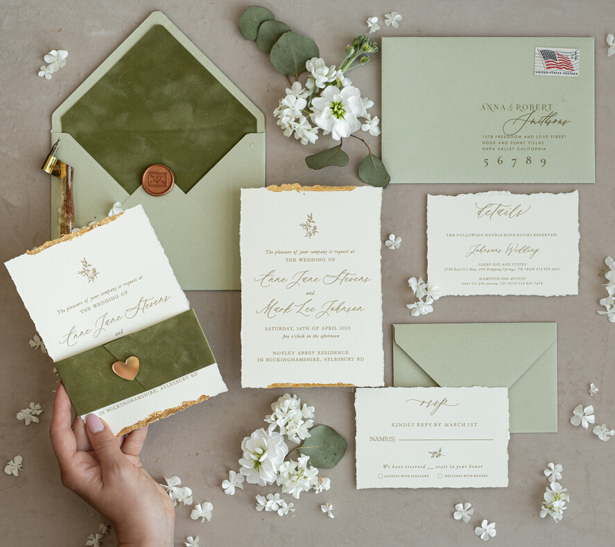 WEDDING INVITATIONS modern calligraphy / fine art Fine Art Gold & sage green Wedding Invitation, Velvet Golden Edges Wedding Invitations, Vintage Gold Invites suite, Torn Edges Wedding invitation with rsvp