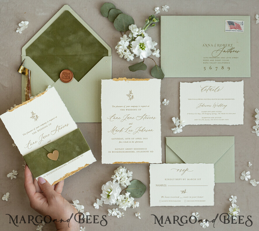 WEDDING INVITATIONS modern calligraphy / fine art Fine Art Gold & sage green Wedding Invitation, Velvet Golden Edges Wedding Invitations, Vintage Gold Invites suite, Torn Edges Wedding invitation with rsvp