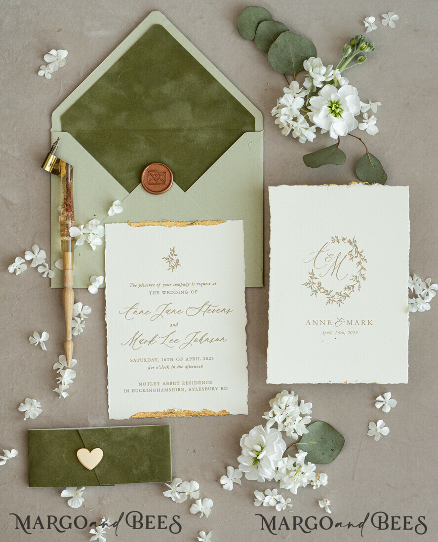 WEDDING INVITATIONS modern calligraphy / fine art Fine Art Gold & sage green Wedding Invitation, Velvet Golden Edges Wedding Invitations, Vintage Gold Invites suite, Torn Edges Wedding invitation with rsvp