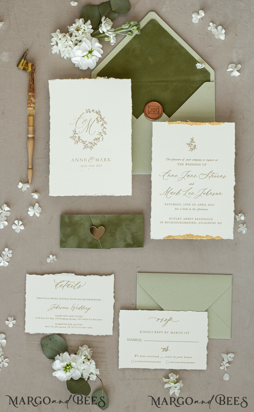 WEDDING INVITATIONS modern calligraphy / fine art Fine Art Gold & sage green Wedding Invitation, Velvet Golden Edges Wedding Invitations, Vintage Gold Invites suite, Torn Edges Wedding invitation with rsvp