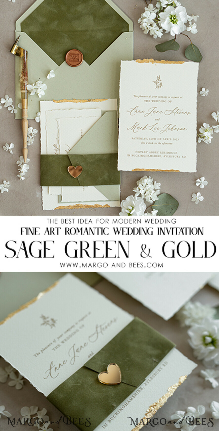 WEDDING INVITATIONS modern calligraphy / fine art Fine Art Gold & sage green Wedding Invitation, Velvet Golden Edges Wedding Invitations, Vintage Gold Invites suite, Torn Edges Wedding invitation with rsvp