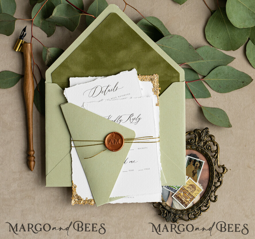 WEDDING INVITATIONS modern calligraphy / fine art Fine Art Ivory sage green Wedding Invitation, Venue Sketch Wedding Invitations, Vintage Golden Invites suite, Custom Wedding Venue invitation, Deckled Edge italy Invites with rsvp