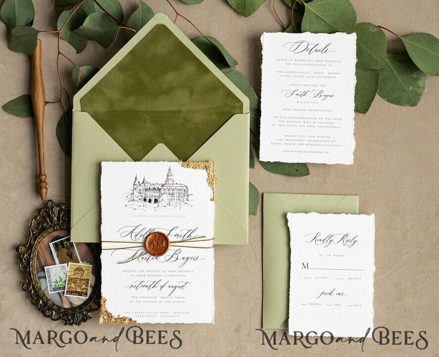 WEDDING INVITATIONS modern calligraphy / fine art Fine Art Ivory sage green Wedding Invitation, Venue Sketch Wedding Invitations, Vintage Golden Invites suite, Custom Wedding Venue invitation, Deckled Edge italy Invites with rsvp