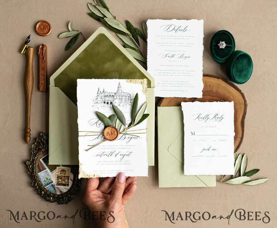 WEDDING INVITATIONS modern calligraphy / fine art Fine Art Ivory sage green Wedding Invitation, Venue Sketch Wedding Invitations, Vintage Golden Invites suite, Custom Wedding Venue invitation, Deckled Edge italy Invites with rsvp