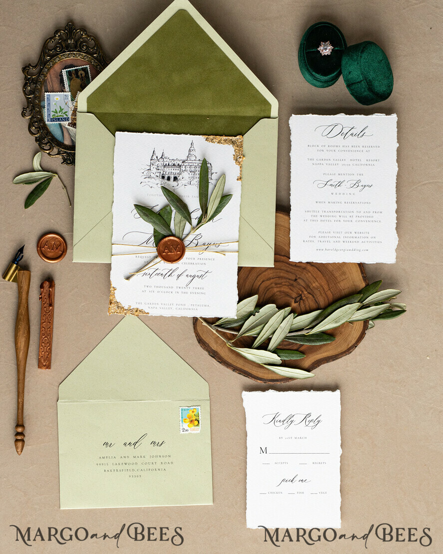 WEDDING INVITATIONS modern calligraphy / fine art Fine Art Ivory sage green Wedding Invitation, Venue Sketch Wedding Invitations, Vintage Golden Invites suite, Custom Wedding Venue invitation, Deckled Edge italy Invites with rsvp