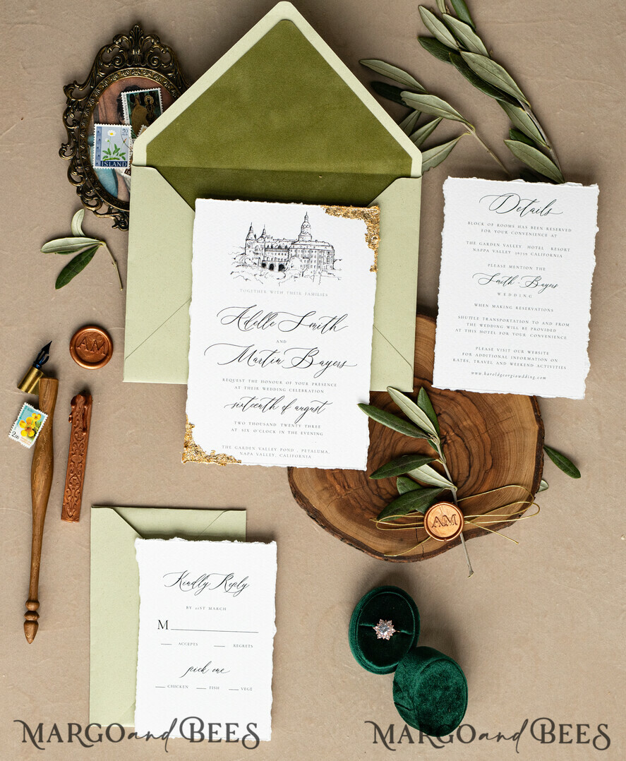 WEDDING INVITATIONS modern calligraphy / fine art Fine Art Ivory sage green Wedding Invitation, Venue Sketch Wedding Invitations, Vintage Golden Invites suite, Custom Wedding Venue invitation, Deckled Edge italy Invites with rsvp