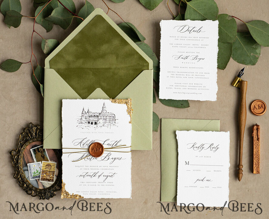 WEDDING INVITATIONS modern calligraphy / fine art Fine Art Ivory sage green Wedding Invitation, Venue Sketch Wedding Invitations, Vintage Golden Invites suite, Custom Wedding Venue invitation, Deckled Edge italy Invites with rsvp