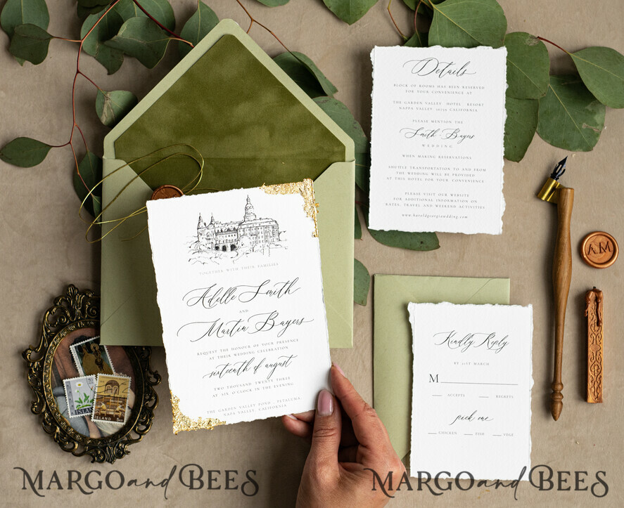 WEDDING INVITATIONS modern calligraphy / fine art Fine Art Ivory sage green Wedding Invitation, Venue Sketch Wedding Invitations, Vintage Golden Invites suite, Custom Wedding Venue invitation, Deckled Edge italy Invites with rsvp