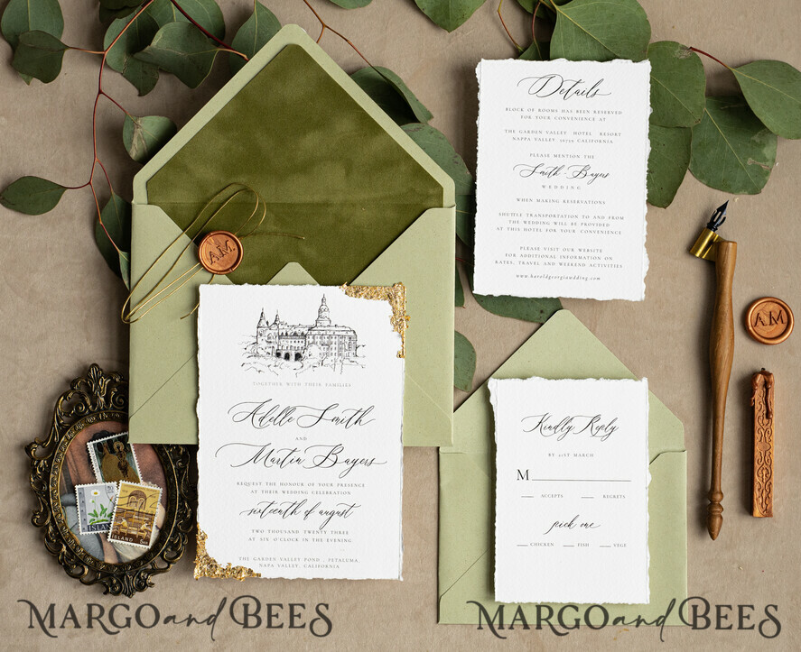 WEDDING INVITATIONS modern calligraphy / fine art Fine Art Ivory sage green Wedding Invitation, Venue Sketch Wedding Invitations, Vintage Golden Invites suite, Custom Wedding Venue invitation, Deckled Edge italy Invites with rsvp