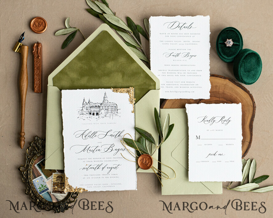 WEDDING INVITATIONS modern calligraphy / fine art Fine Art Ivory sage green Wedding Invitation, Venue Sketch Wedding Invitations, Vintage Golden Invites suite, Custom Wedding Venue invitation, Deckled Edge italy Invites with rsvp