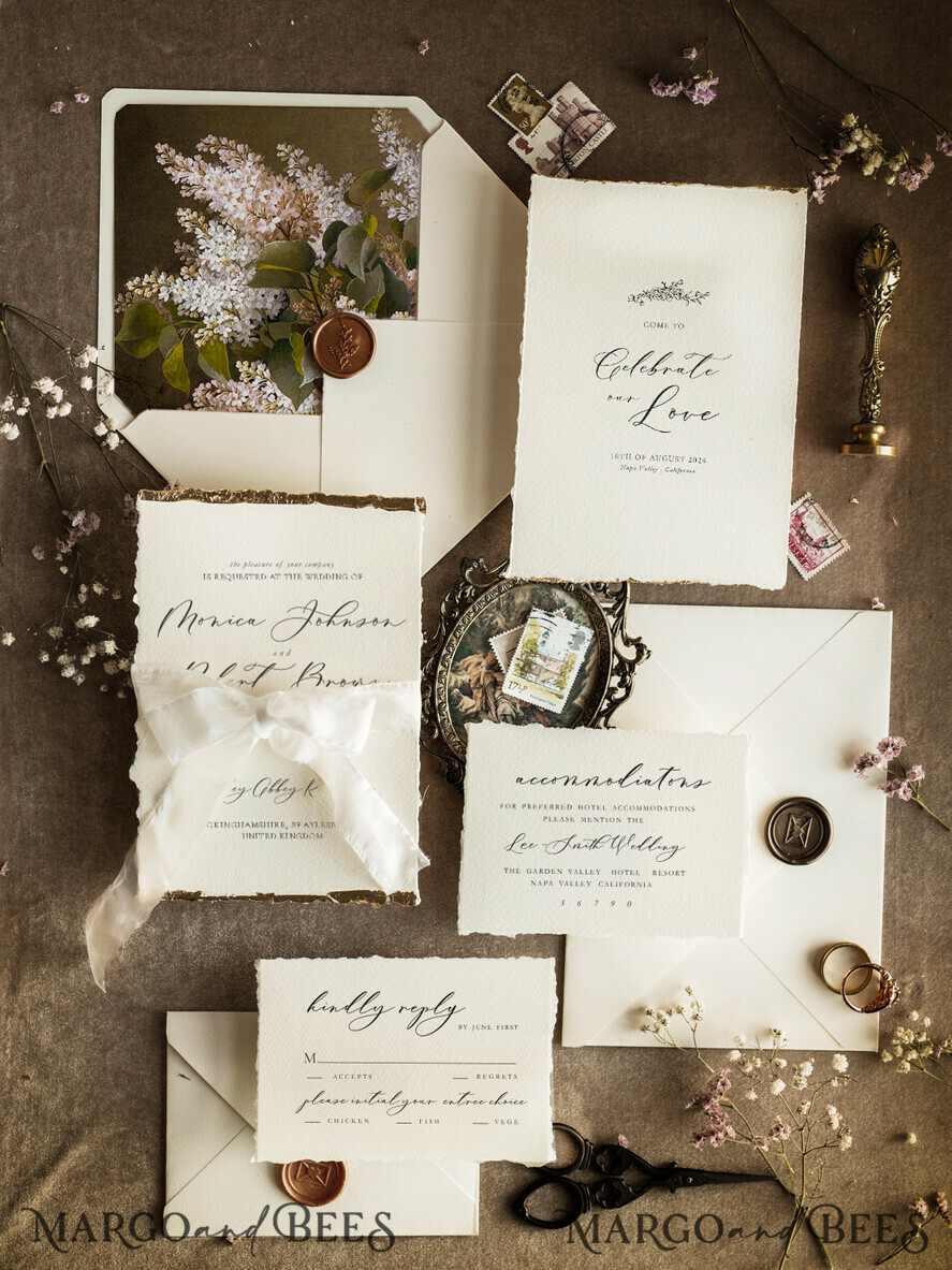 WEDDING INVITATIONS modern calligraphy / fine art Ivory Gold Wedding Invitation, Floral Wedding Invitation, Tuscany Italian Invitation suite, Wreath Monogram wedding invitation suite, Deckled Edge Invites, Torn Edge Wedding Invitations golden, Fine Art Wedding Invitation Suite, Deckled Edge Paper