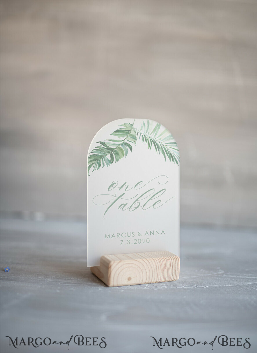 TABLE DECOR SIGNS Acrylic table decor Numbers Arch frozen Acrylic Table Numbers, Green Tropical Wedding Table Numbers, Arch Botanic Wedding Table Number with wood Stand, Tropical Garden Stand, editable text