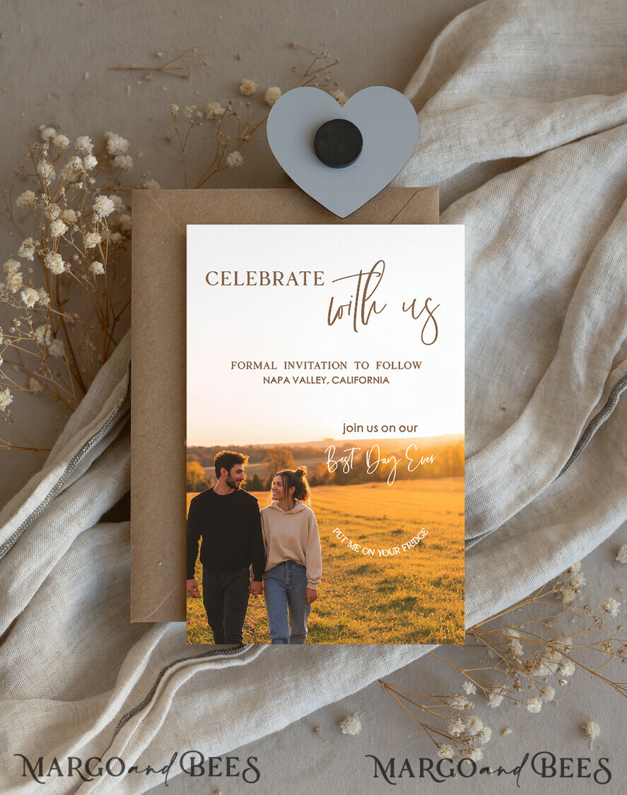 SAVE THE DATES photo magnets Personalised Photo Travel Save the Date Heart Gold Acryl Magnet and Card, Wedding Photo Save The Dates Magnets, Photo Save The Date Cards