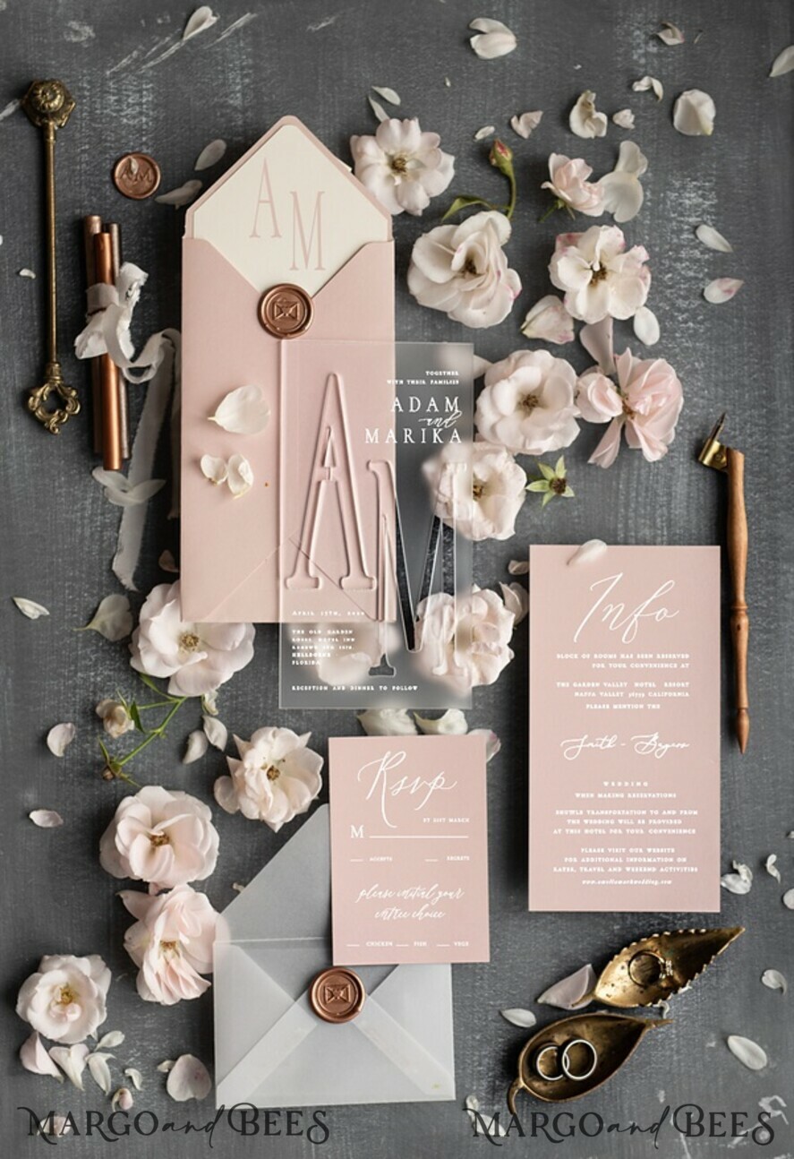 SAMPLING SERVICE premium samples Samples of wedding invitations frozen acrylic blush and ecru