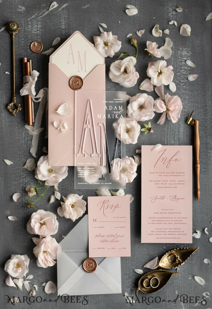 Samples of wedding invitations frozen acrylic blush and ecru