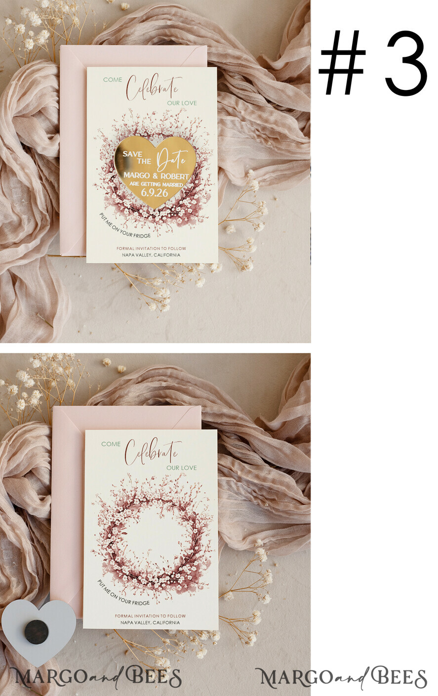 DATEN MERKEN Acrylgoldmagnete Personalisierte Gold Acryl Save-the-Date-Magnet und Boho-Karte, Goldene Hochzeits-Save-the-Dates Plexi-Magnete, Hochzeits-Boho-Save-the-Date-Karten