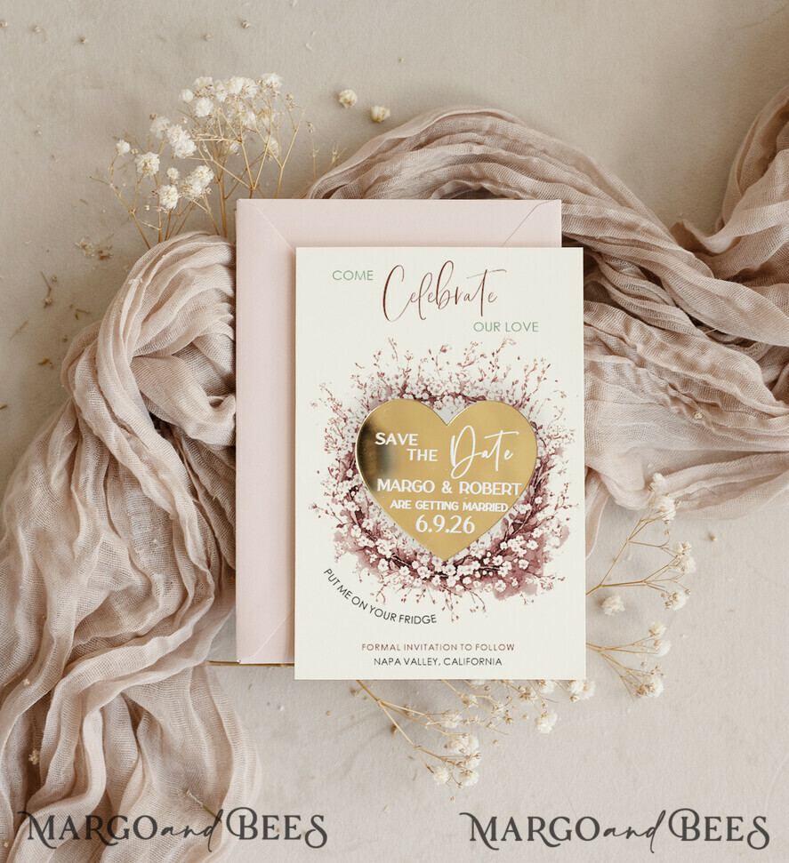 DATEN MERKEN Acrylgoldmagnete Personalisierte Gold Acryl Save-the-Date-Magnet und Boho-Karte, Goldene Hochzeits-Save-the-Dates Plexi-Magnete, Hochzeits-Boho-Save-the-Date-Karten