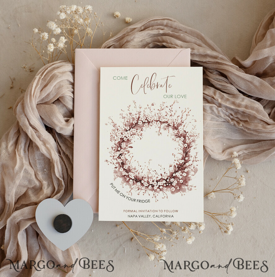 DATEN MERKEN Acrylgoldmagnete Personalisierte Gold Acryl Save-the-Date-Magnet und Boho-Karte, Goldene Hochzeits-Save-the-Dates Plexi-Magnete, Hochzeits-Boho-Save-the-Date-Karten