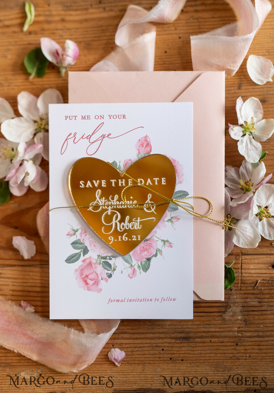 SAVE THE DATES acrylic gold magnets Personalised Wedding Save the dates, plexi heart shaped engraved magnet