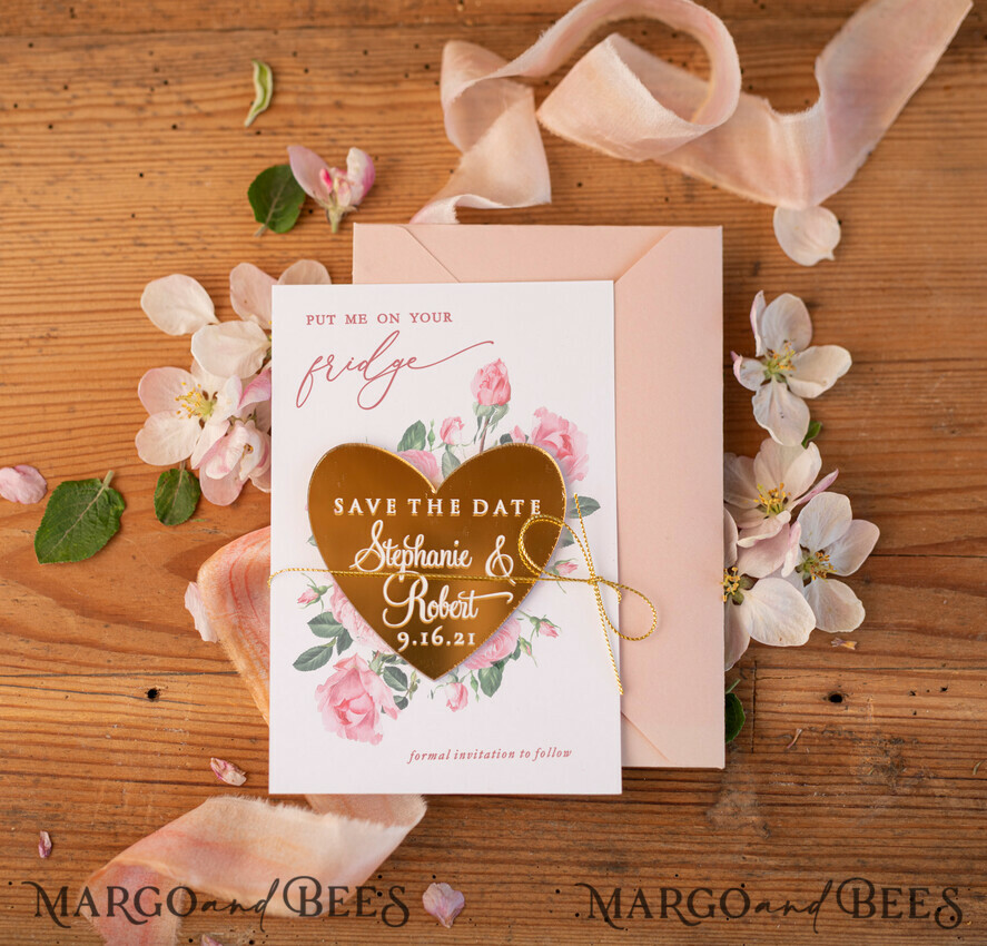SAVE THE DATES acrylic gold magnets Personalised Wedding Save the dates, plexi heart shaped engraved magnet