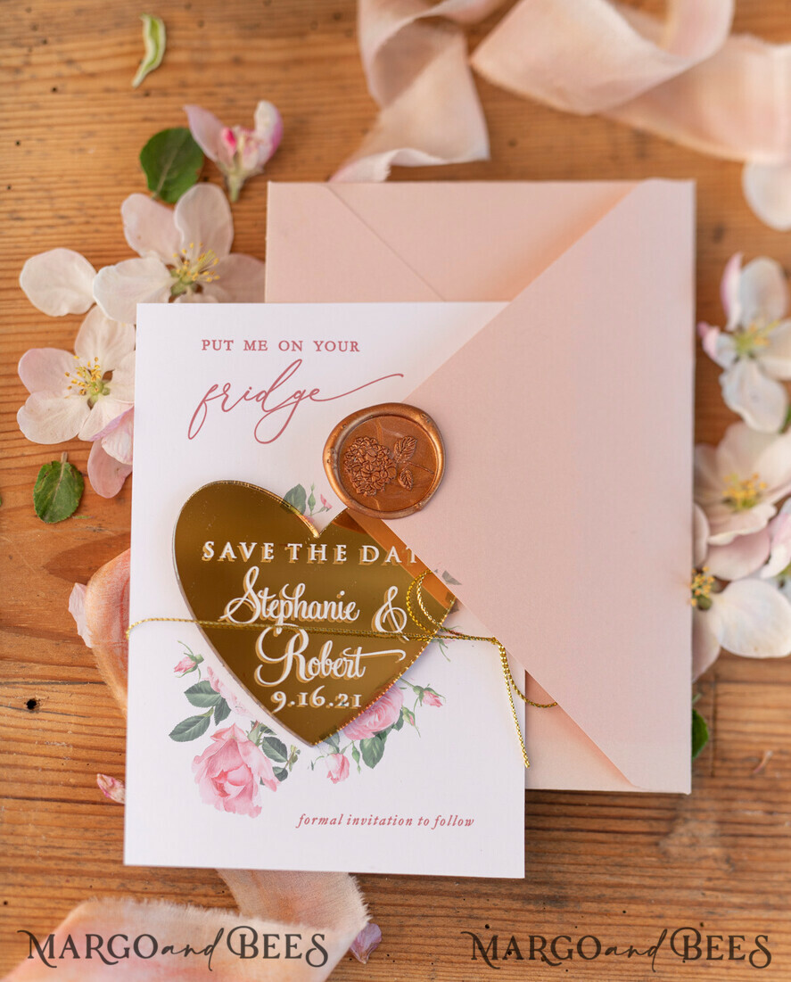 SAVE THE DATES acrylic gold magnets Personalised Wedding Save the dates, plexi heart shaped engraved magnet