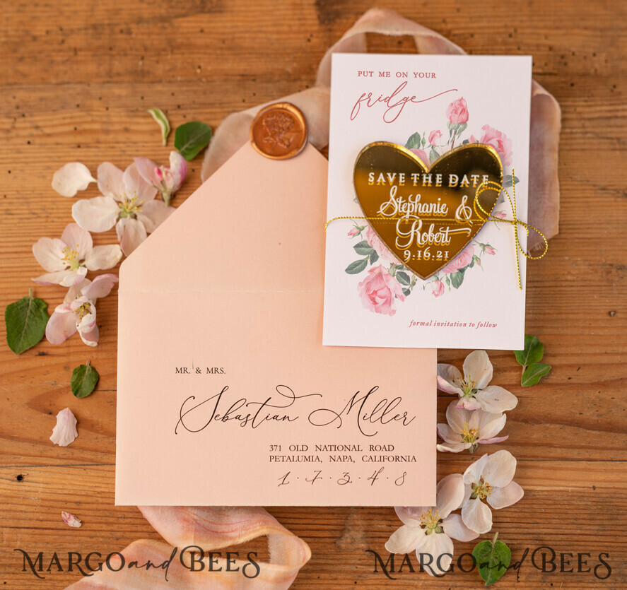 SAVE THE DATES acrylic gold magnets Personalised Wedding Save the dates, plexi heart shaped engraved magnet