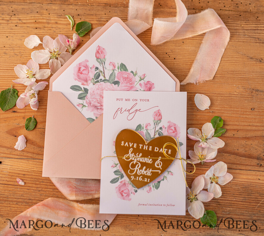 SAVE THE DATES acrylic gold magnets Personalised Wedding Save the dates, plexi heart shaped engraved magnet