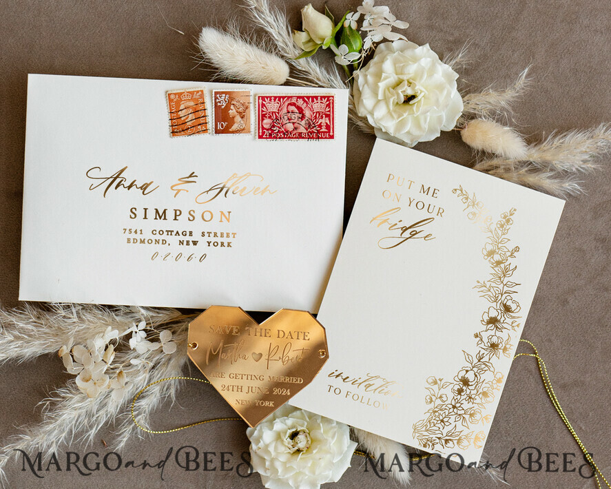 SAVE THE DATES acrylic gold magnets Personalised Gold Acrylic heart Save the Date Magnet and Card, ivory Wedding Save The Dates Plexi Magnets, Wedding Boho Save The Date Cards