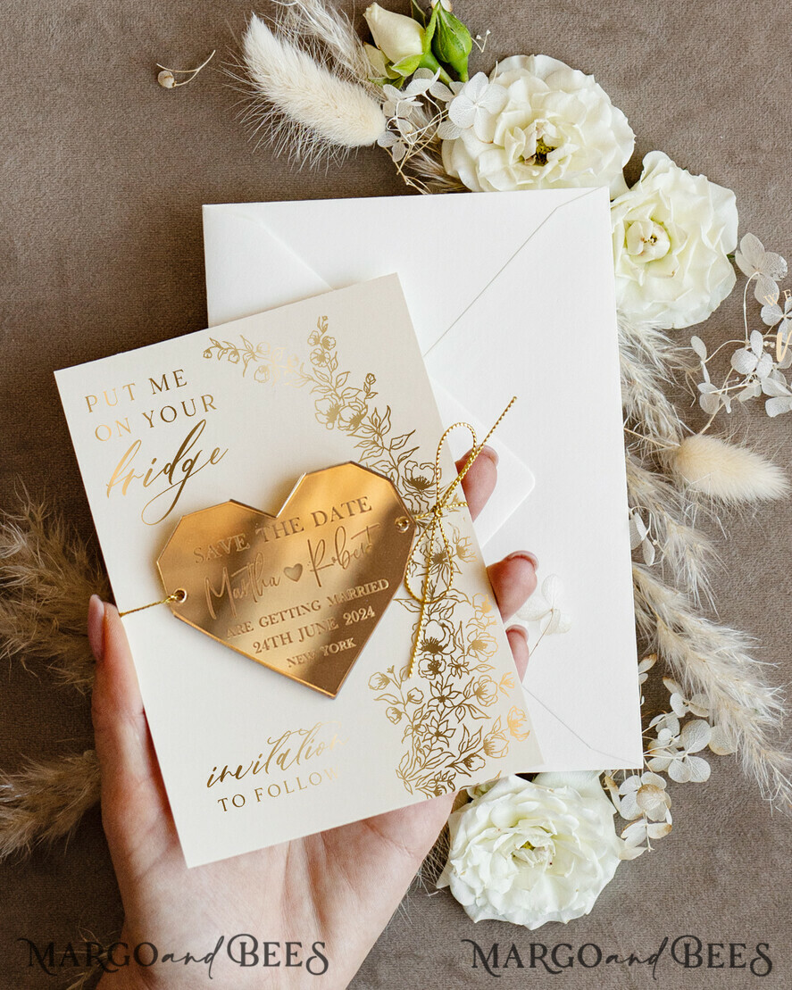 SAVE THE DATES acrylic gold magnets Personalised Gold Acrylic heart Save the Date Magnet and Card, ivory Wedding Save The Dates Plexi Magnets, Wedding Boho Save The Date Cards